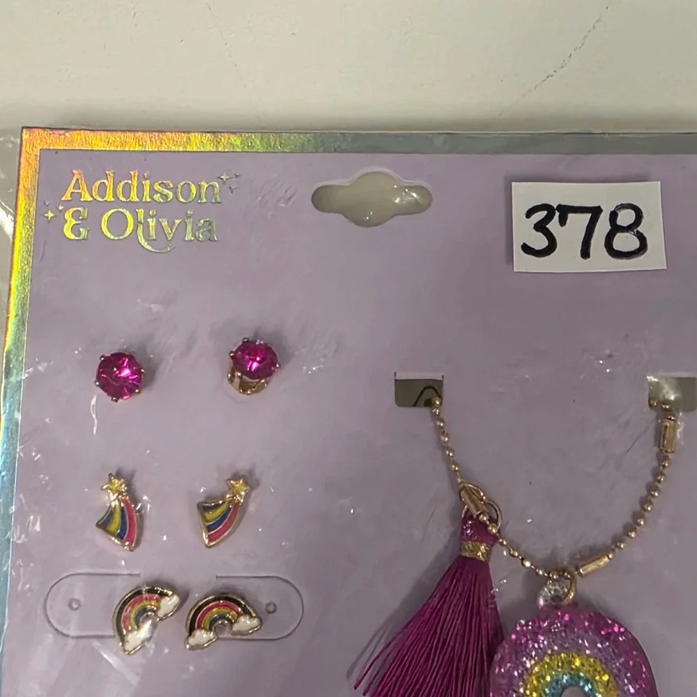 Addison & Olivia Kids Rainbow Jewelry Set Necklace 3 Pairs Earrings Pink Tassel